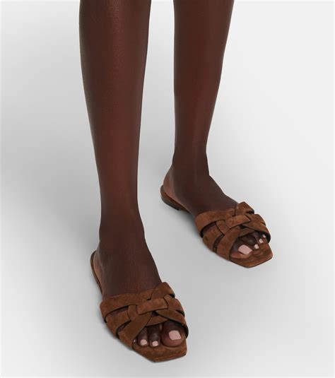 ysl tribute sandal block heel nu pieds|Tribute Nu Pieds 05 suede slides in brown .